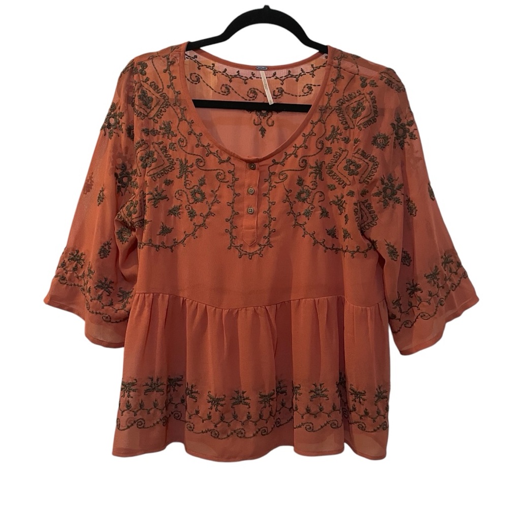 Free People Sheer Top with Embroidered Detail M